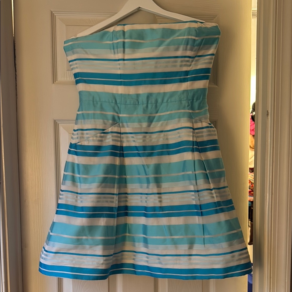 Lily Pulitzer Blue Strapless Pockets Blossom Silk Dress